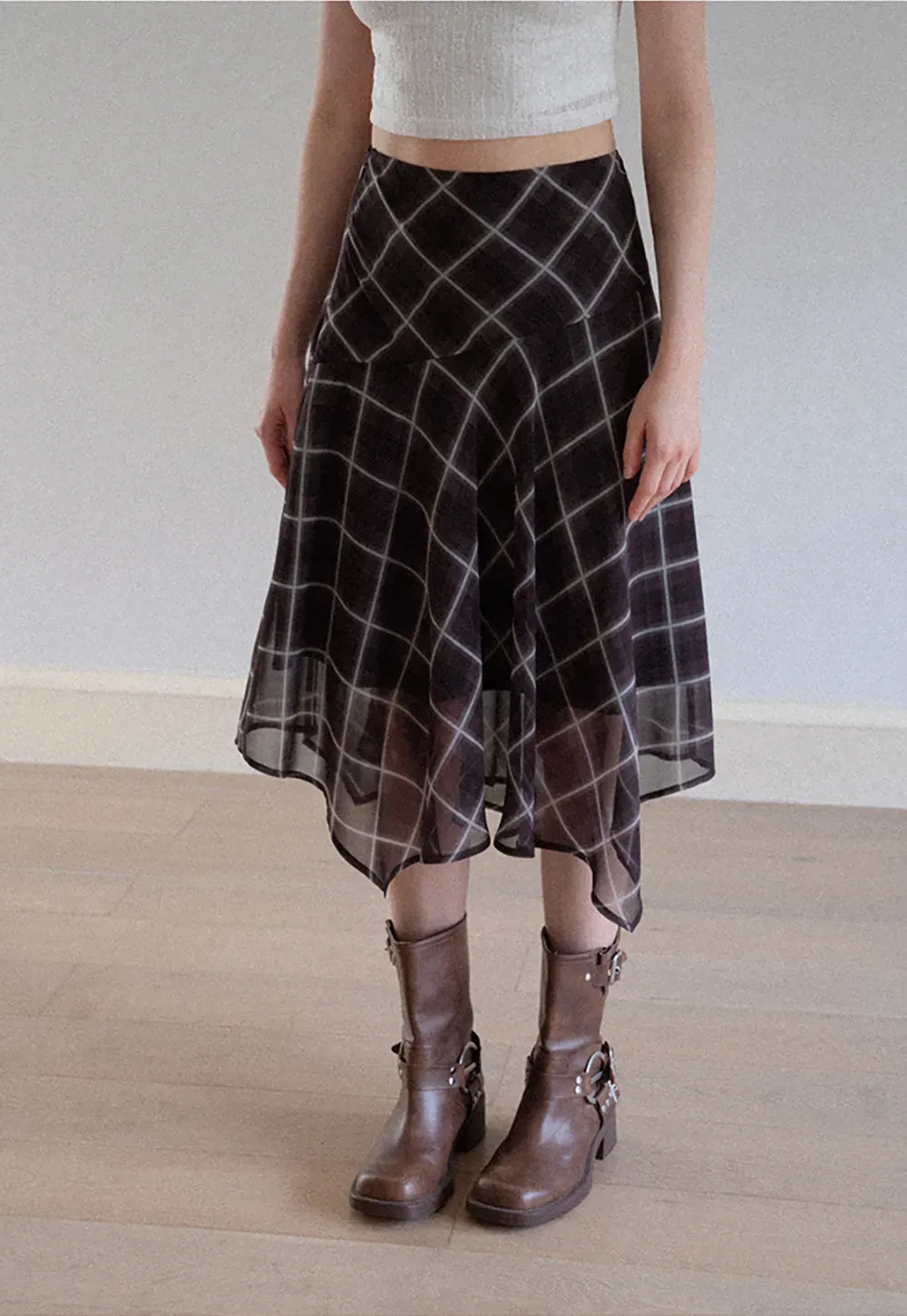 Grid Print Asymmetrical Hem Skirt