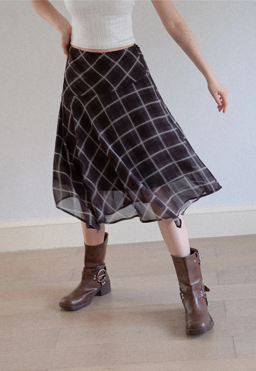 Grid Print Asymmetrical Hem Skirt