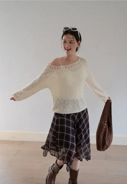 Grid Print Asymmetrical Hem Skirt