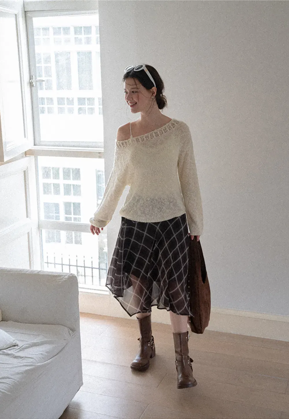 Grid Print Asymmetrical Hem Skirt