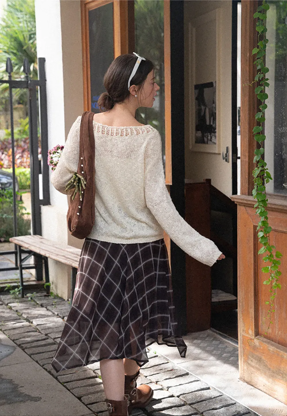 Grid Print Asymmetrical Hem Skirt