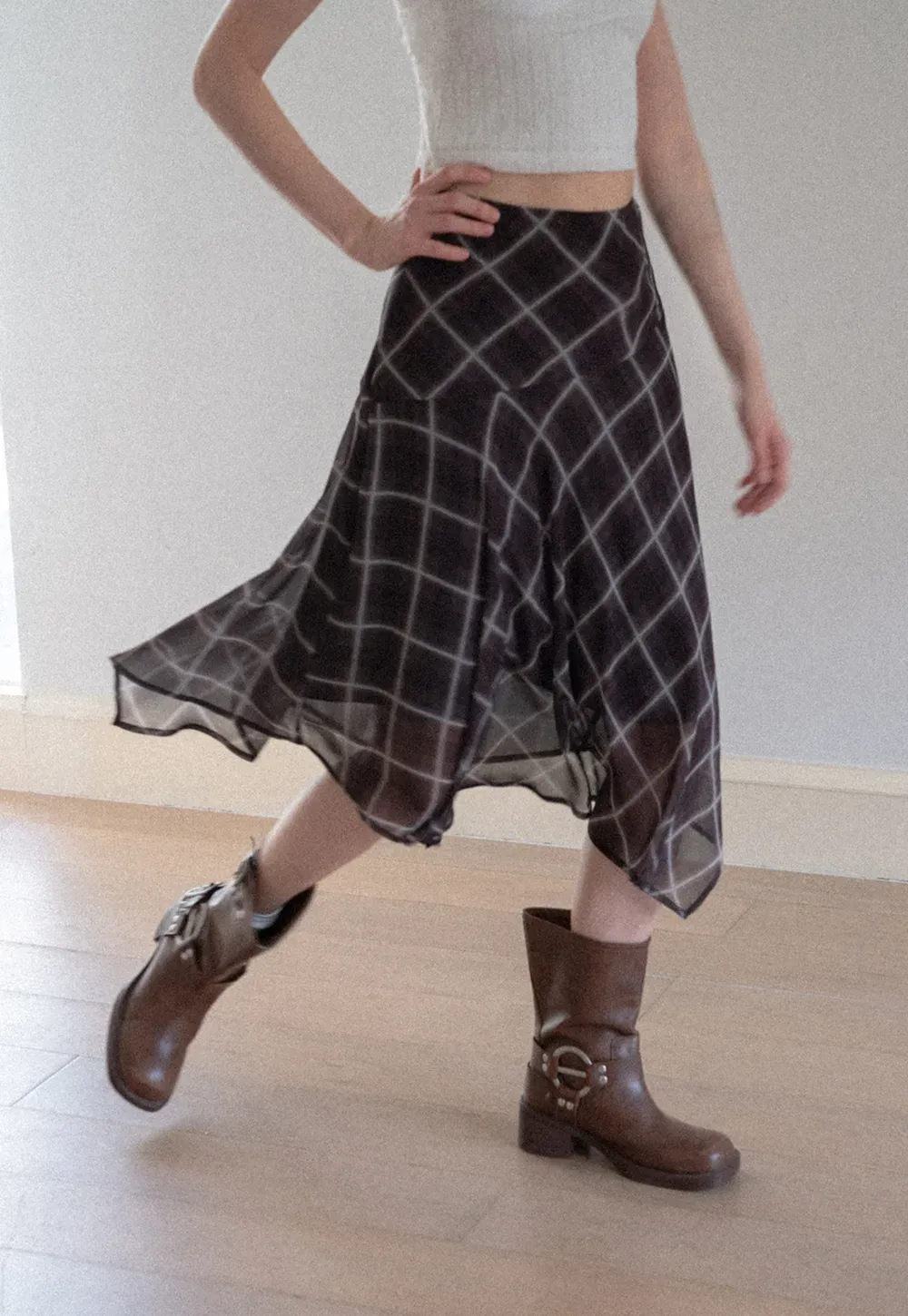 Grid Print Asymmetrical Hem Skirt