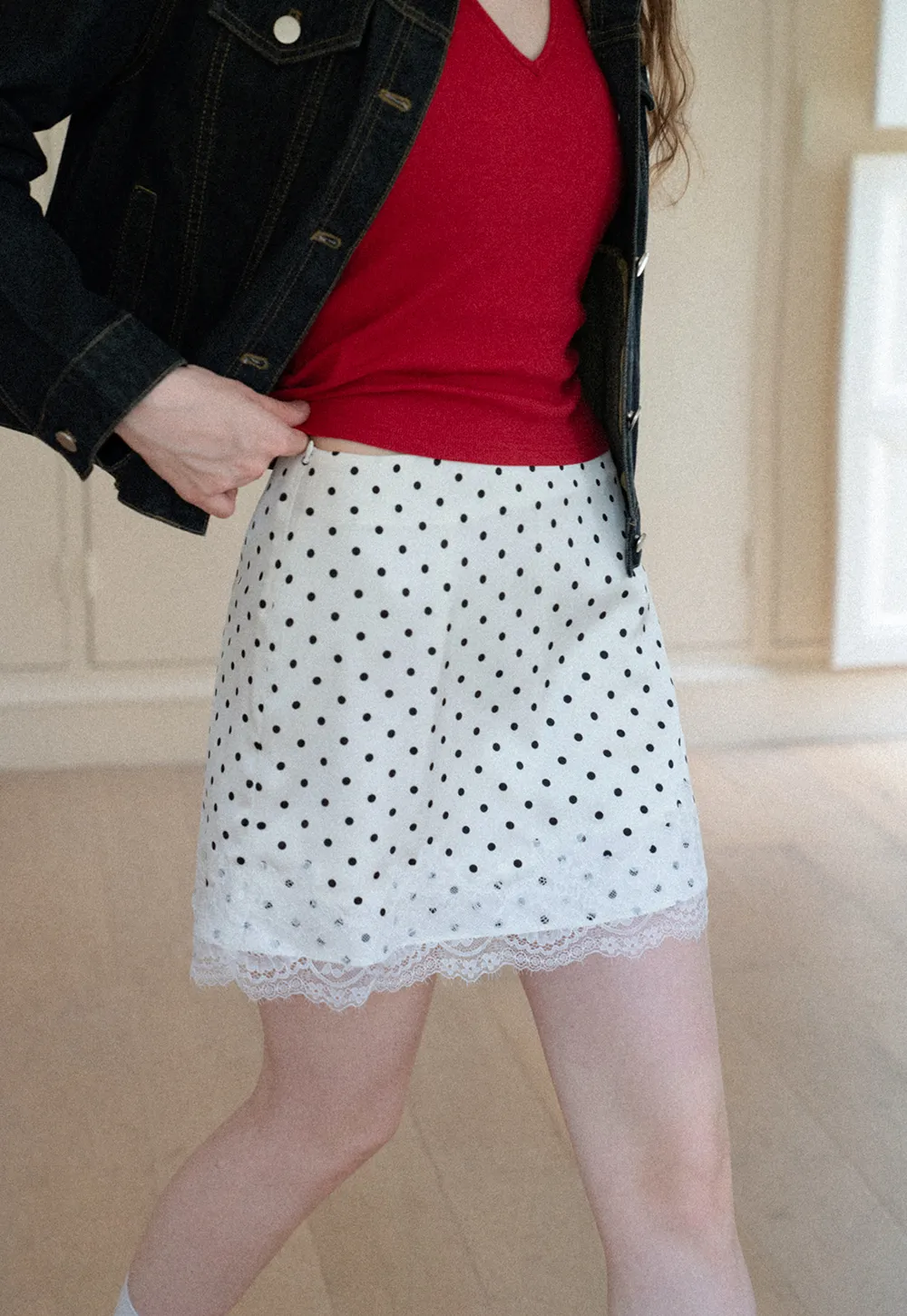 Polka Dot Print Skirt with Lace Trim