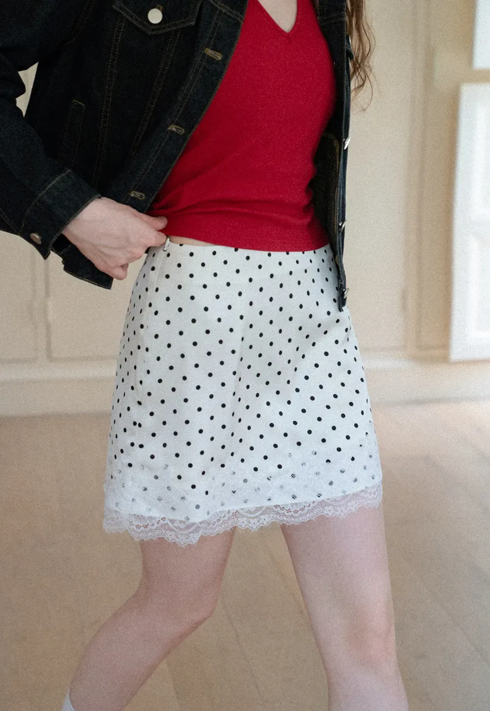 Polka Dot Print Skirt with Lace Trim