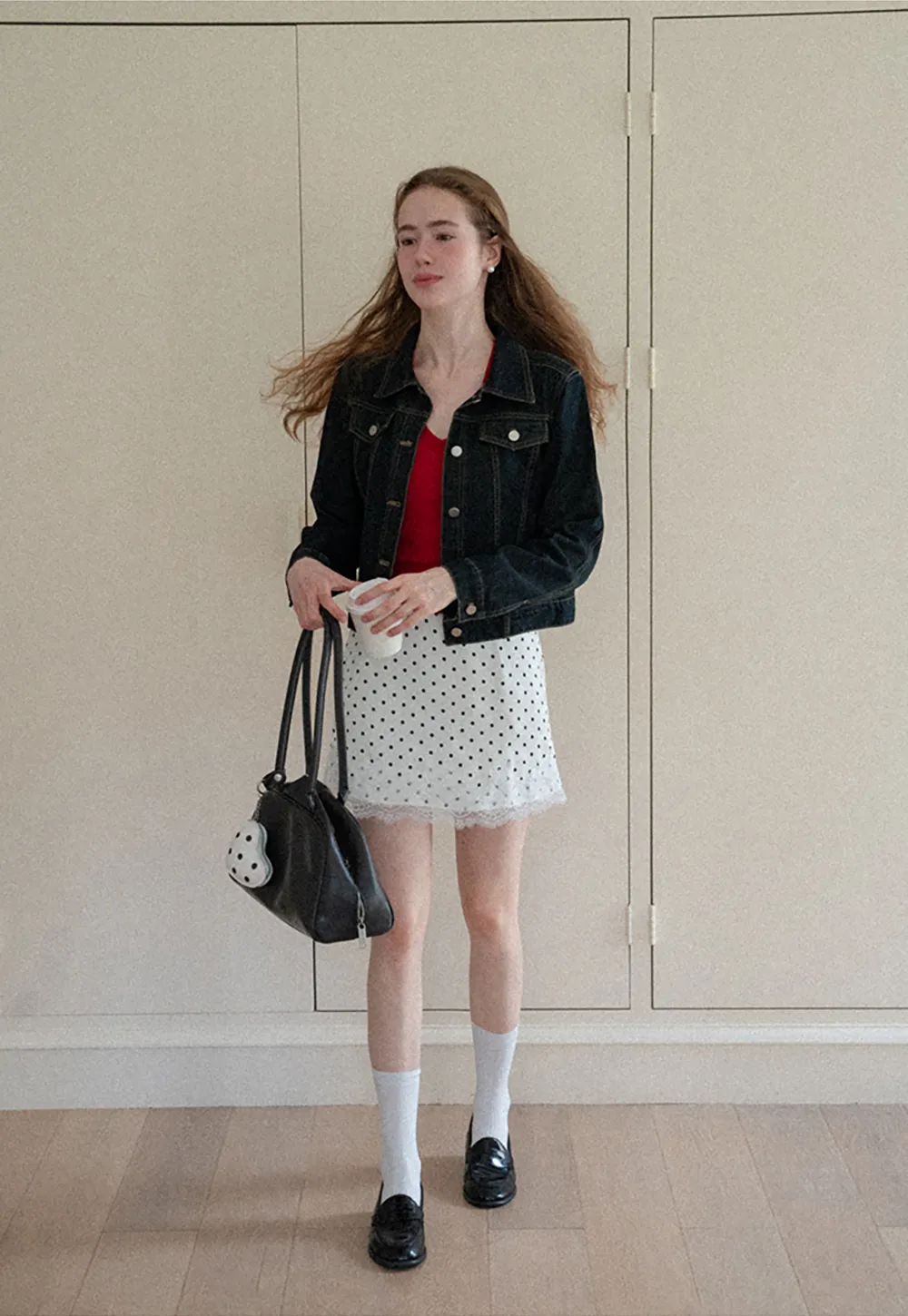 Polka Dot Print Skirt with Lace Trim