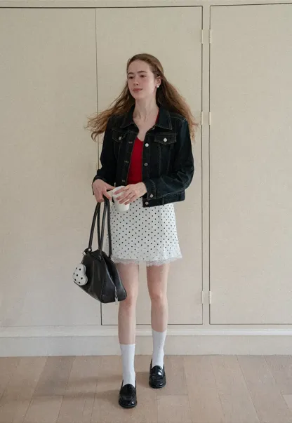 Polka Dot Print Skirt with Lace Trim