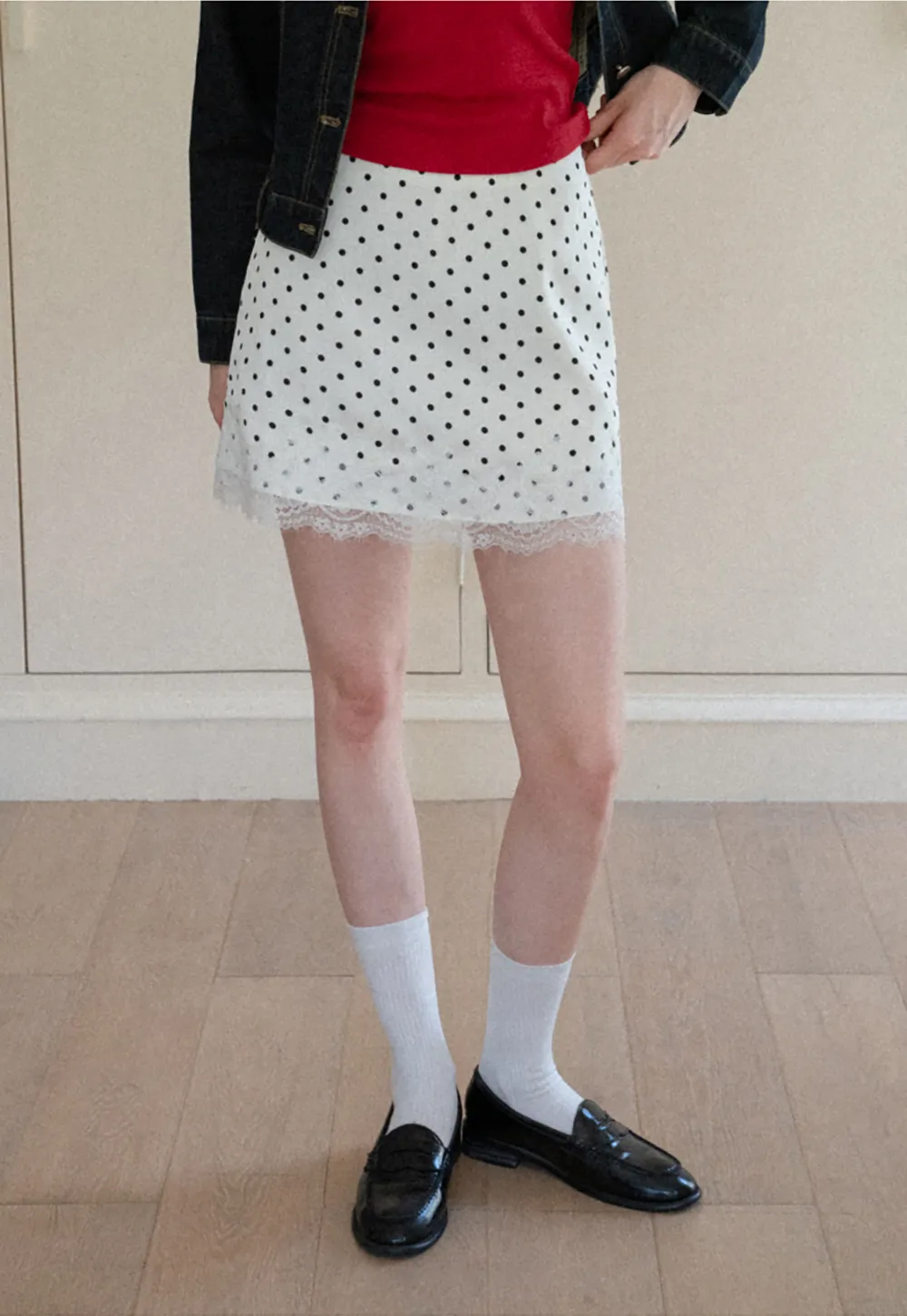 Polka Dot Print Skirt with Lace Trim