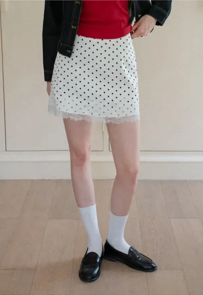 Polka Dot Print Skirt with Lace Trim