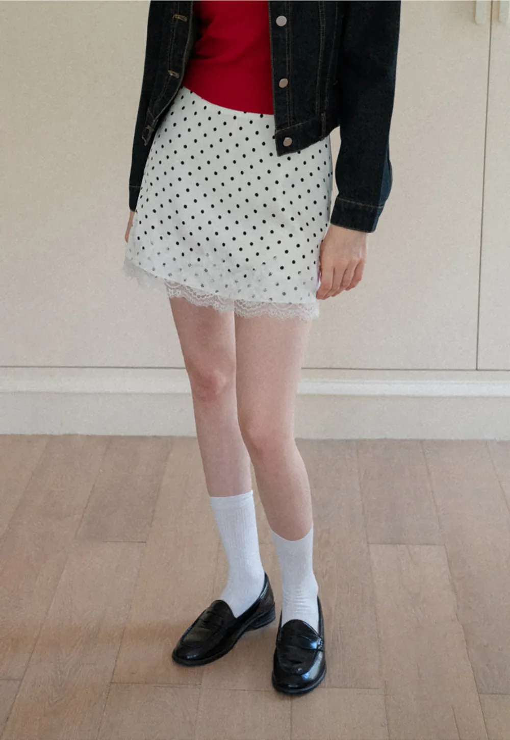 Polka Dot Print Skirt with Lace Trim
