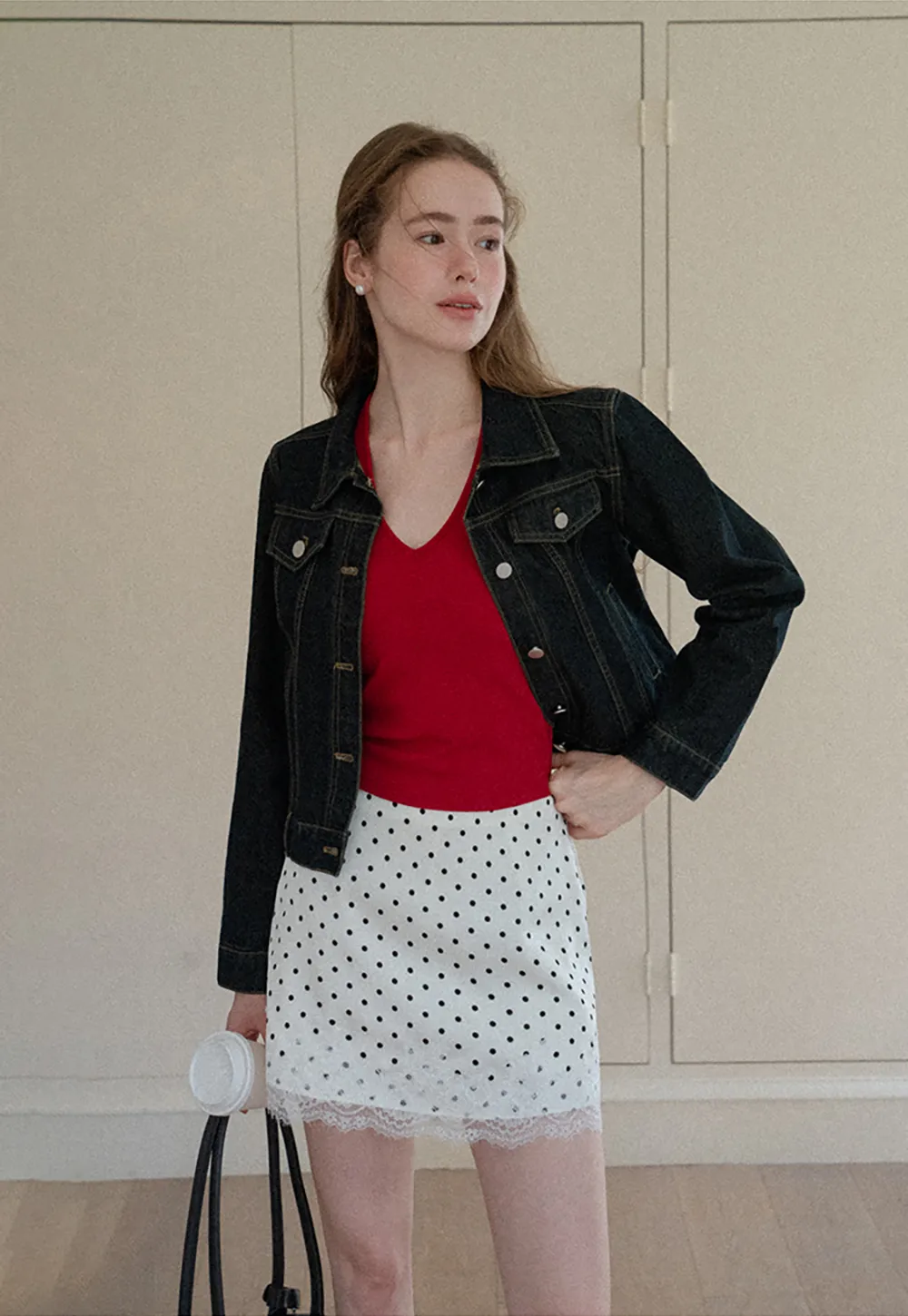 Polka Dot Print Skirt with Lace Trim