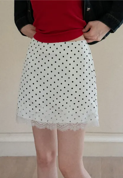 Polka Dot Print Skirt with Lace Trim