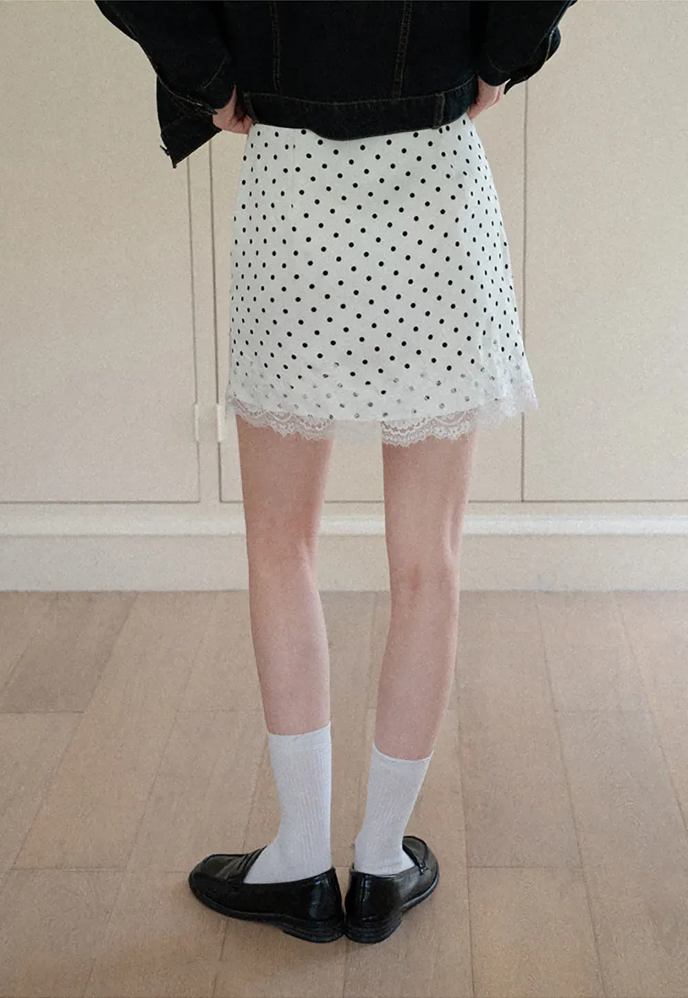 Polka Dot Print Skirt with Lace Trim