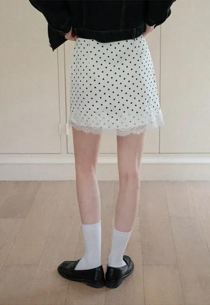 Polka Dot Print Skirt with Lace Trim