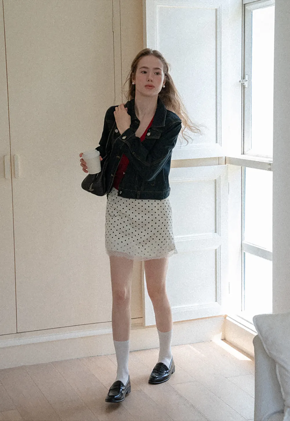 Polka Dot Print Skirt with Lace Trim