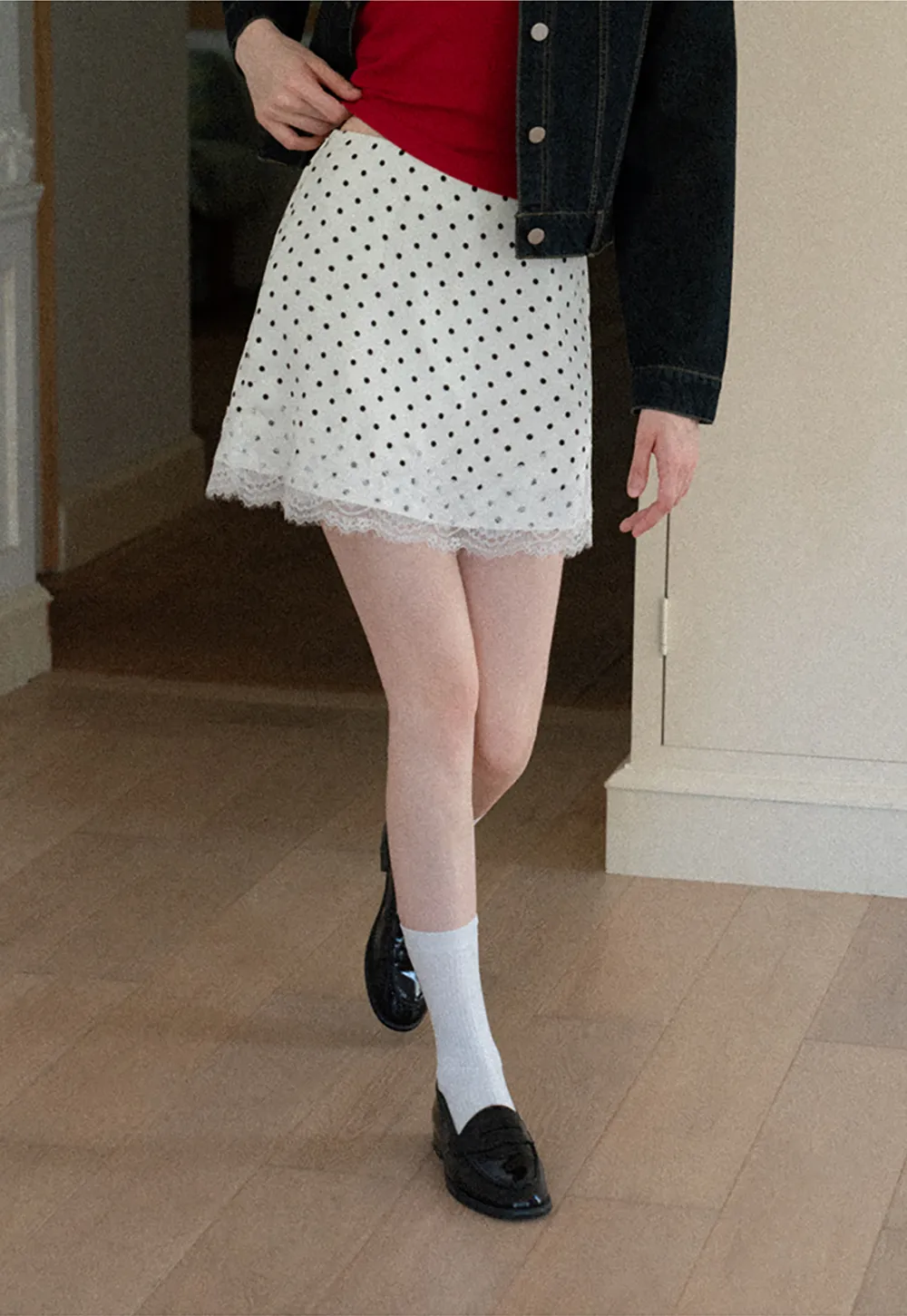 Polka Dot Print Skirt with Lace Trim