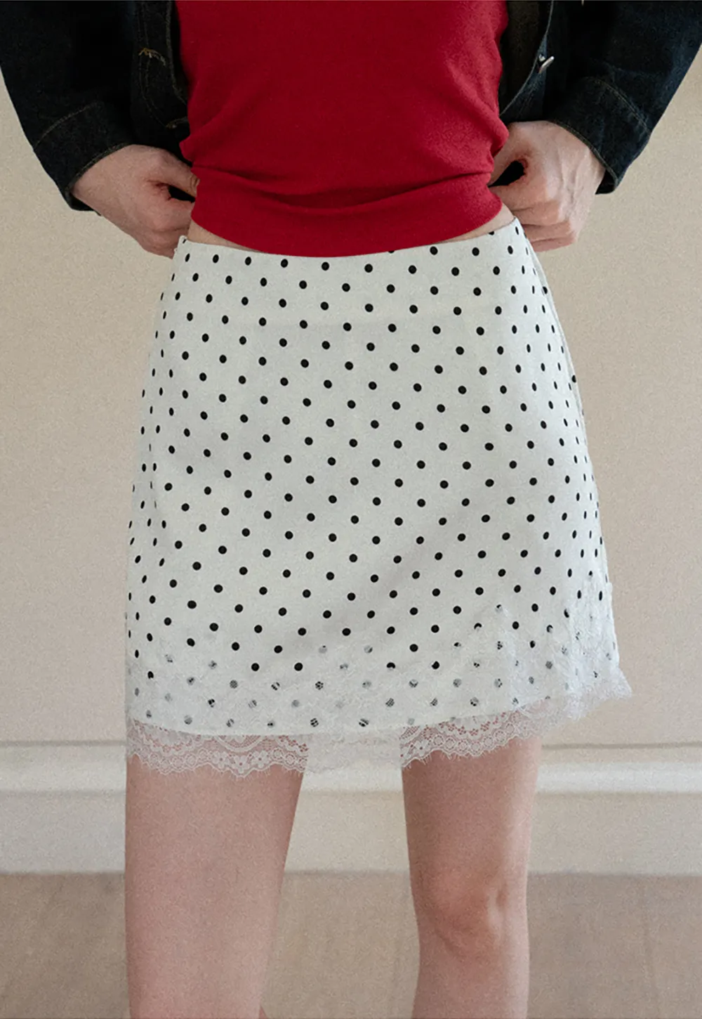 Polka Dot Print Skirt with Lace Trim
