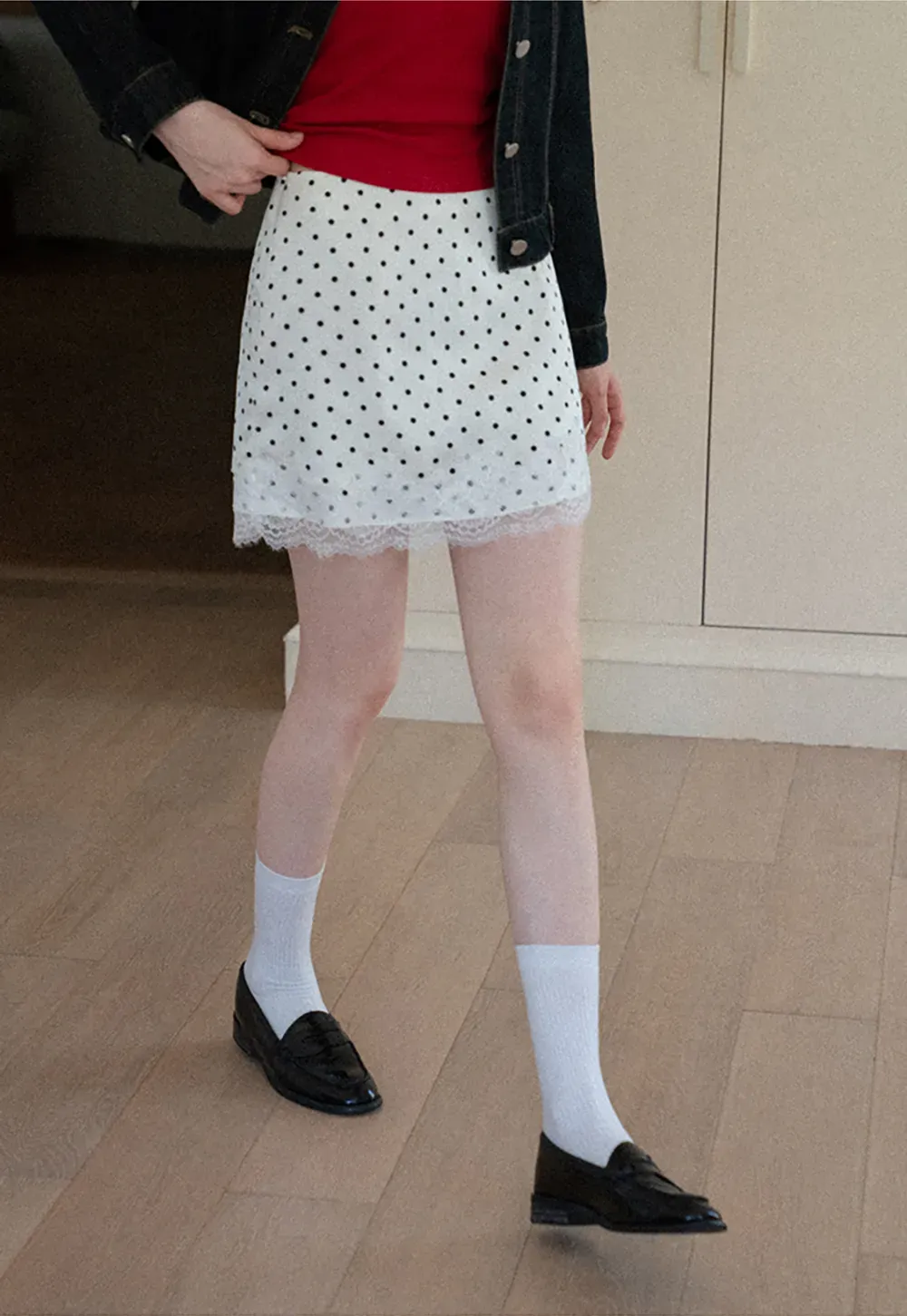 Polka Dot Print Skirt with Lace Trim
