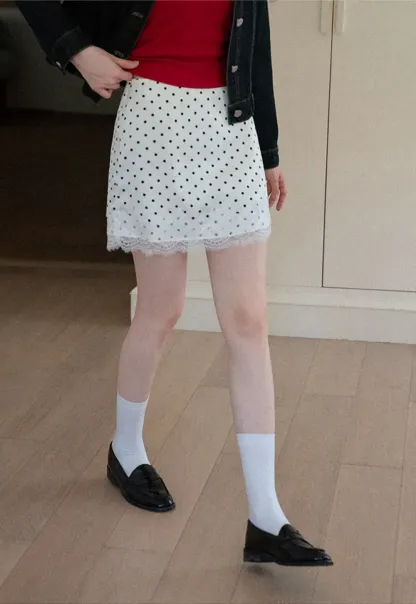 Polka Dot Print Skirt with Lace Trim