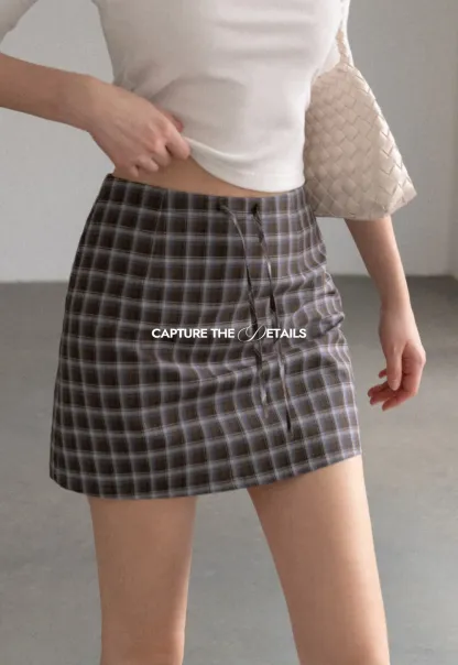 High Waist Plaid Mini Skirt with Front Button Closure