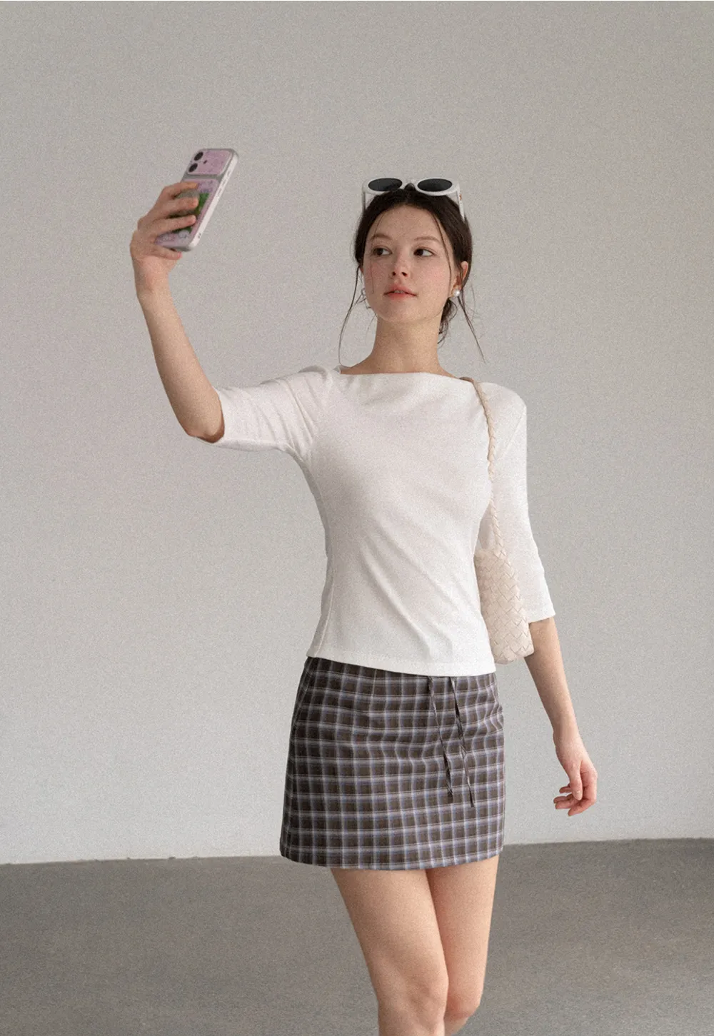 High Waist Plaid Mini Skirt with Front Button Closure