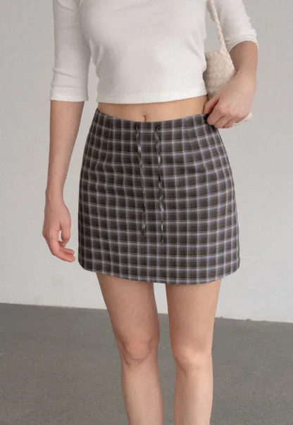High Waist Plaid Mini Skirt with Front Button Closure