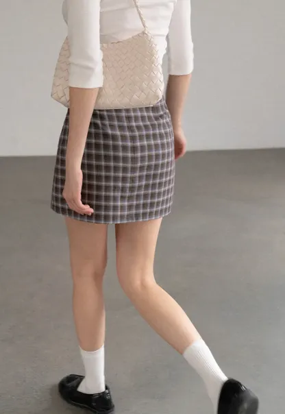 High Waist Plaid Mini Skirt with Front Button Closure