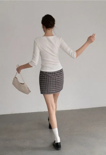 High Waist Plaid Mini Skirt with Front Button Closure