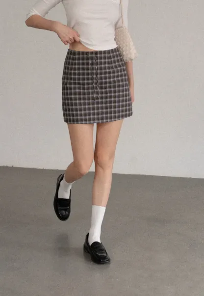 High Waist Plaid Mini Skirt with Front Button Closure