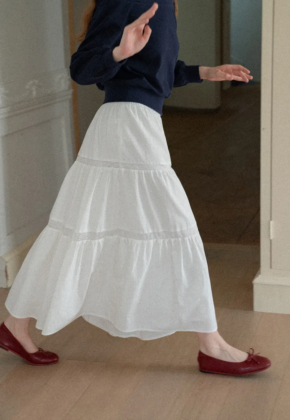 Tiered Lace Trim Midi Skirt