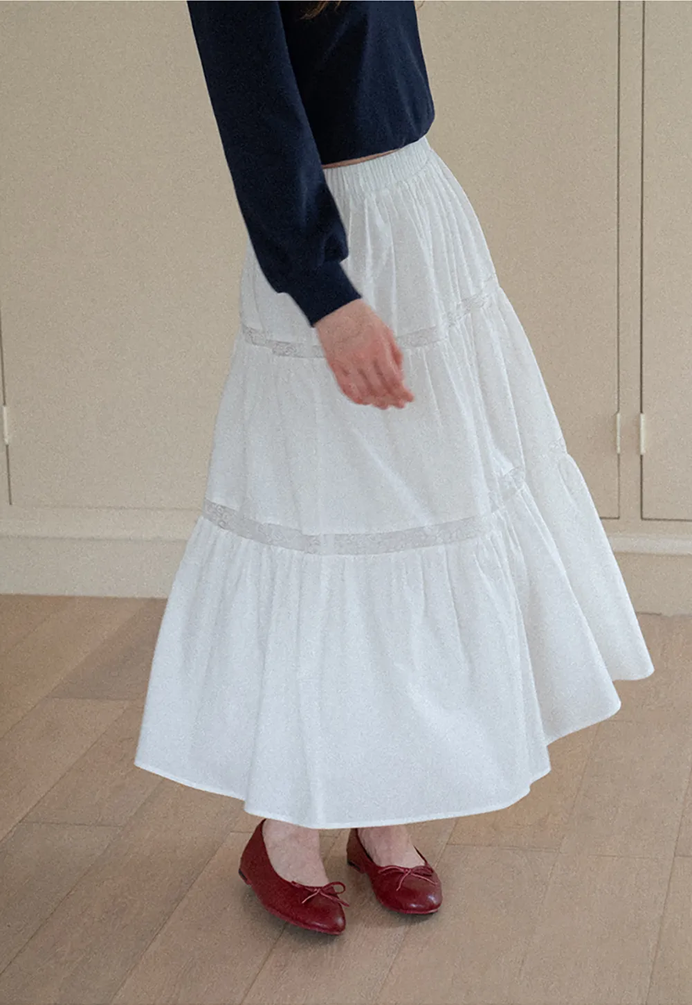 Tiered Lace Trim Midi Skirt