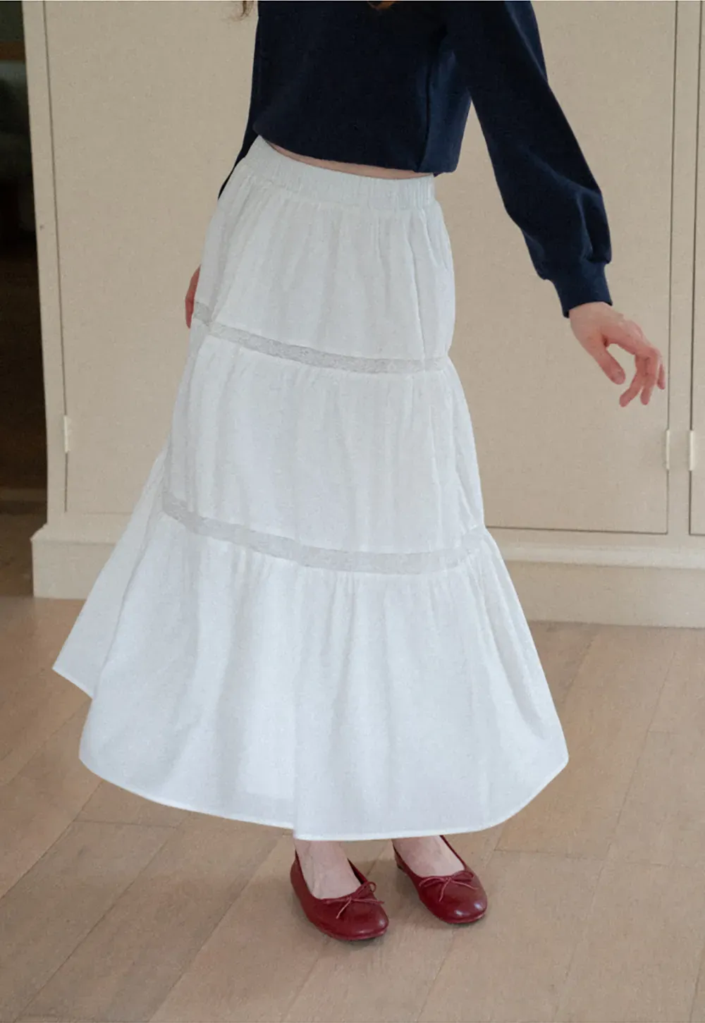 Tiered Lace Trim Midi Skirt