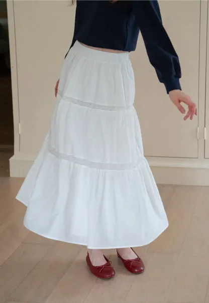 Tiered Lace Trim Midi Skirt