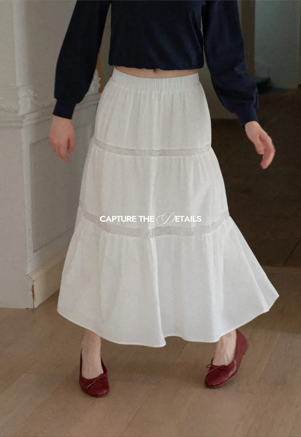 Tiered Lace Trim Midi Skirt
