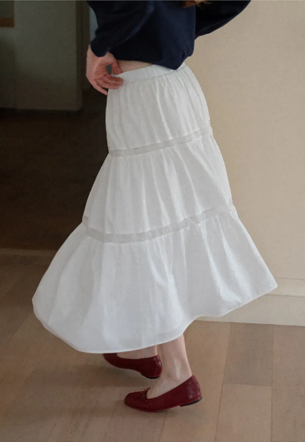 Tiered Lace Trim Midi Skirt