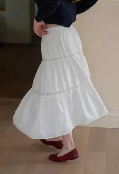 Tiered Lace Trim Midi Skirt