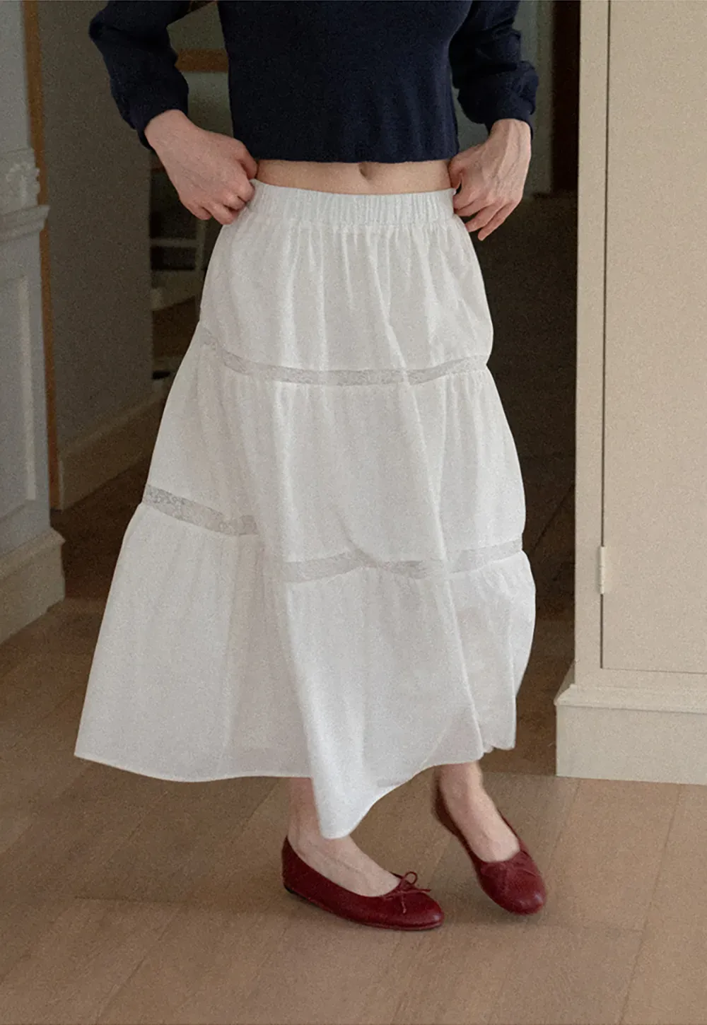 Tiered Lace Trim Midi Skirt
