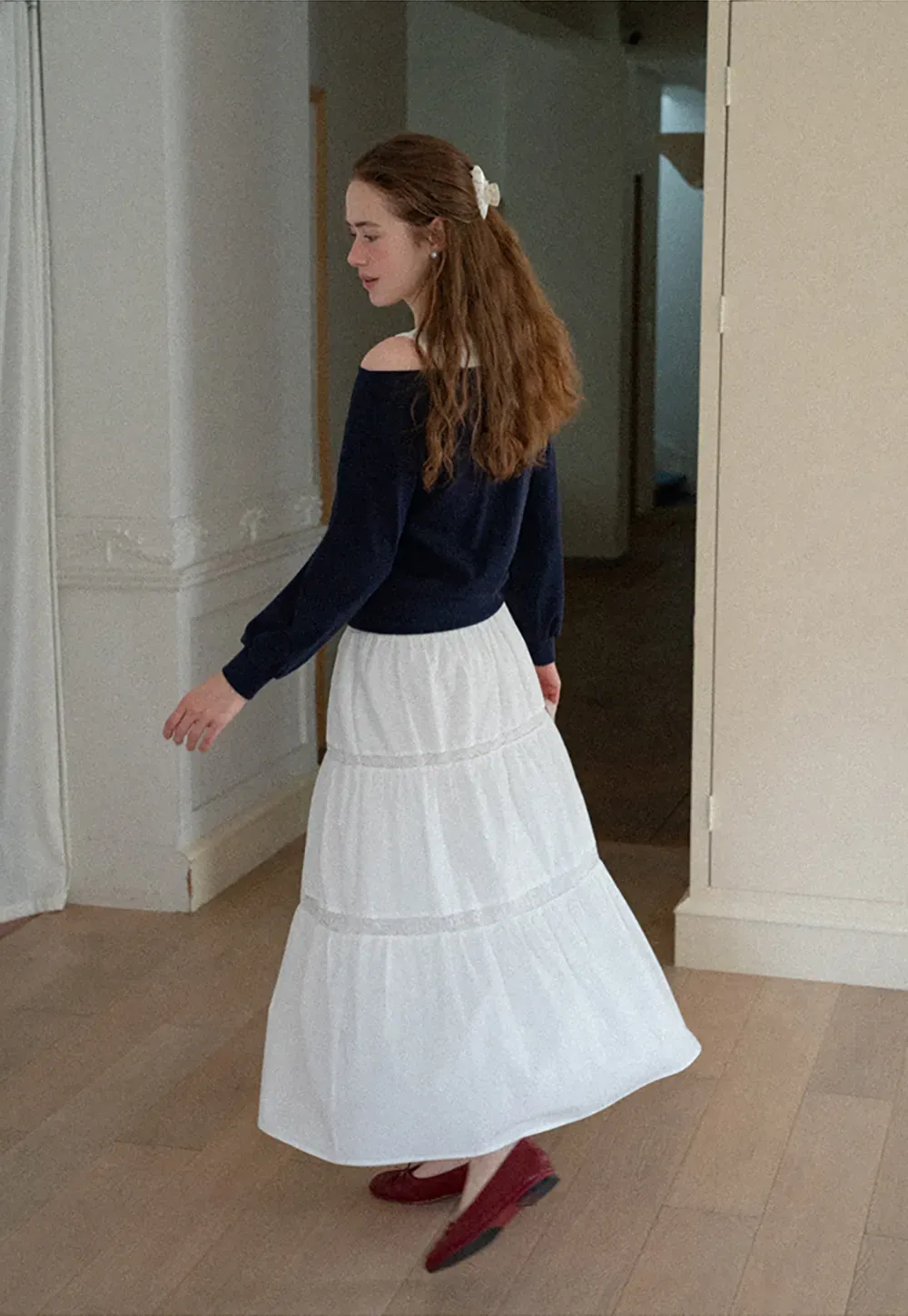Tiered Lace Trim Midi Skirt