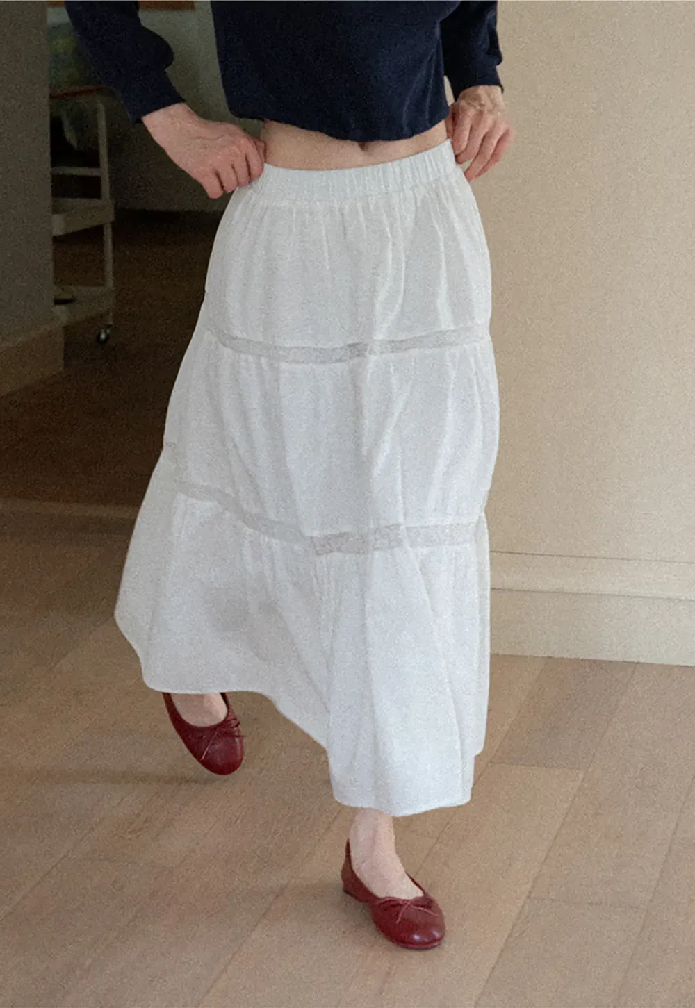 Tiered Lace Trim Midi Skirt