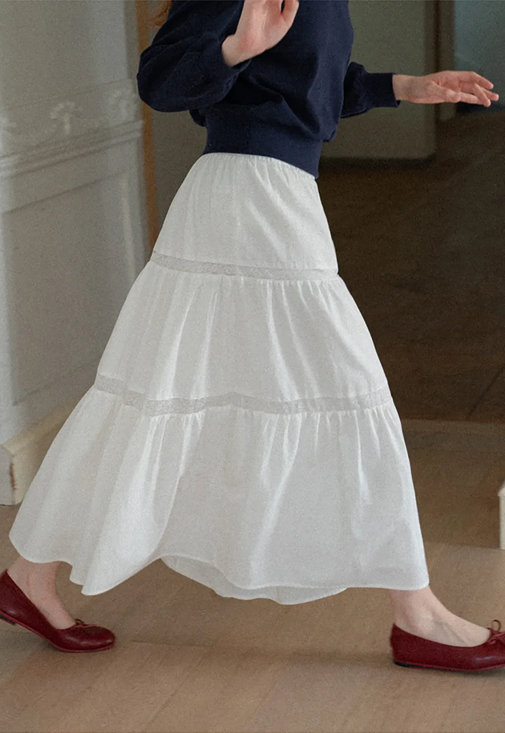 Tiered Lace Trim Midi Skirt