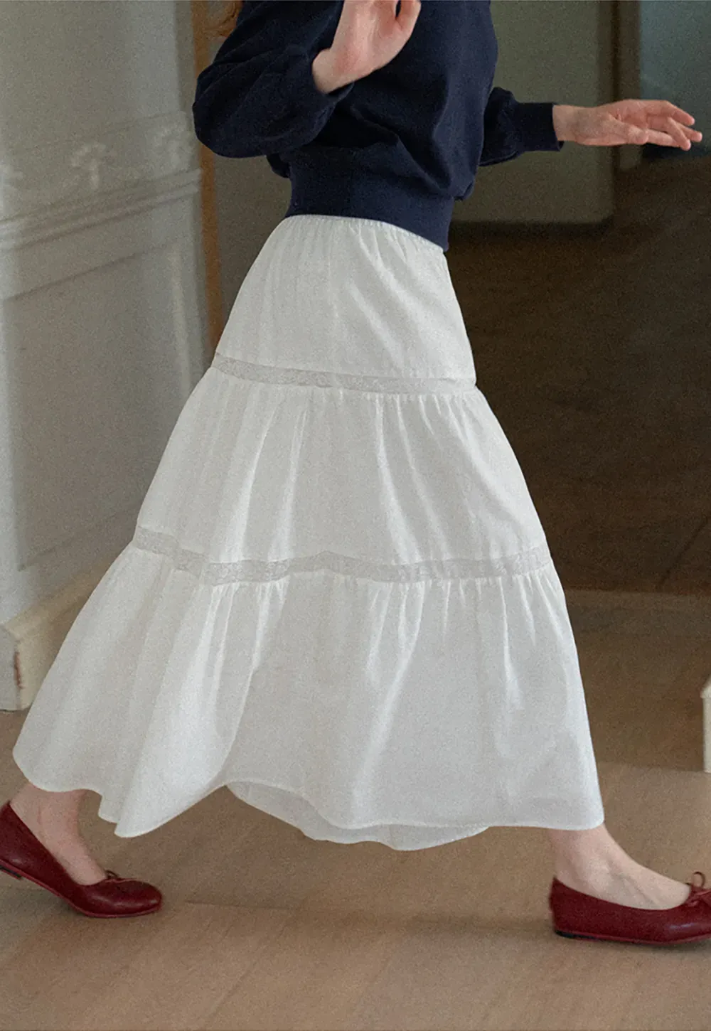 Tiered Lace Trim Midi Skirt