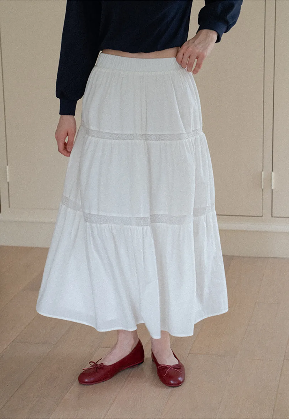 Tiered Lace Trim Midi Skirt