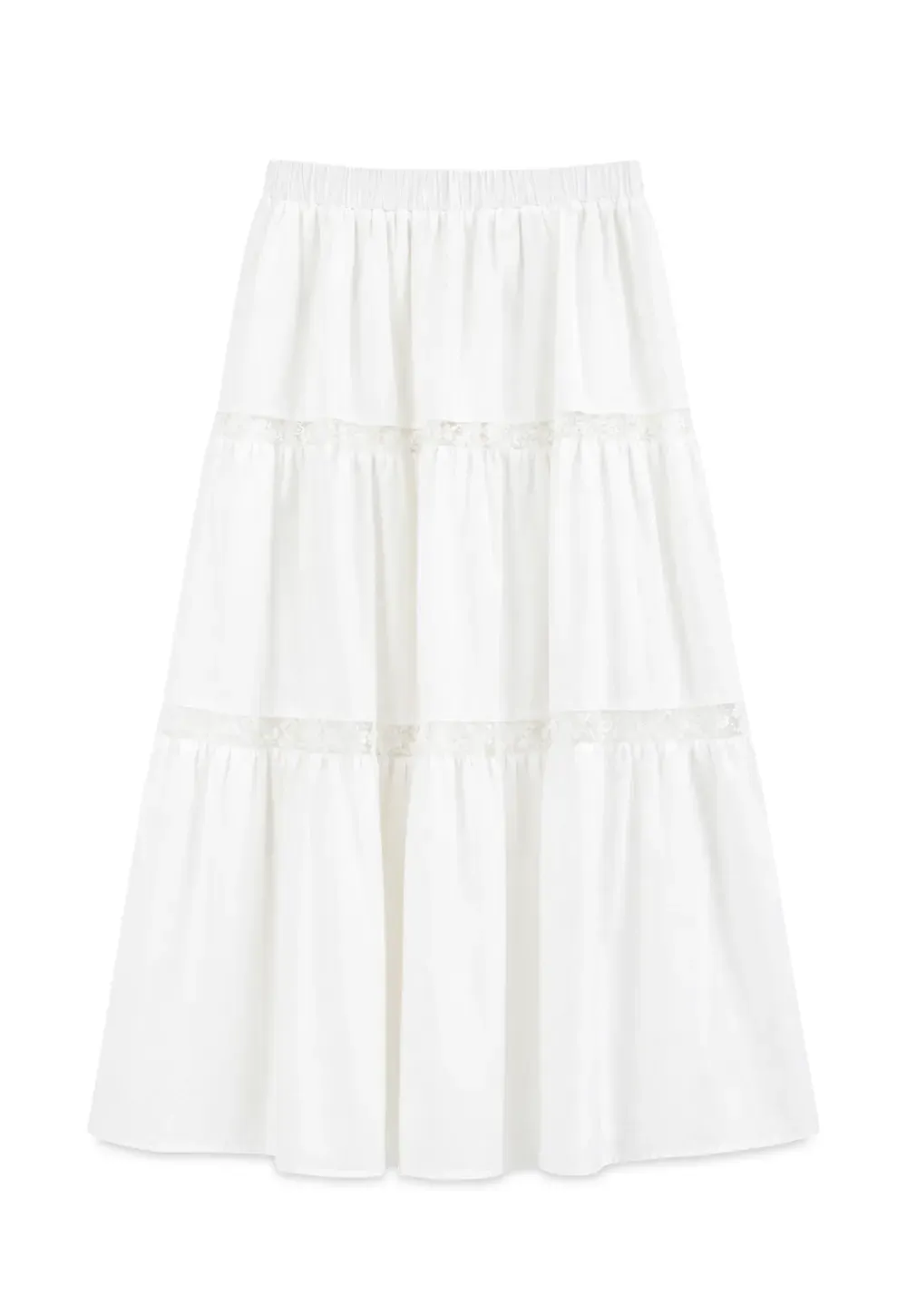 Tiered Lace Trim Midi Skirt