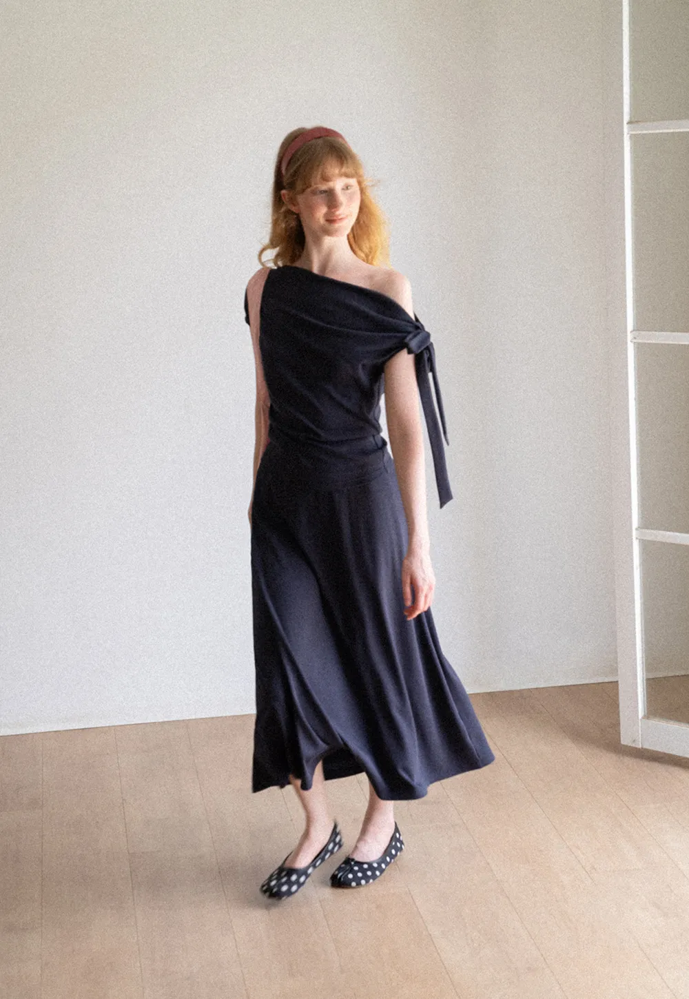 Asymmetrical One Shoulder Top and Flowing Midi Skirt
