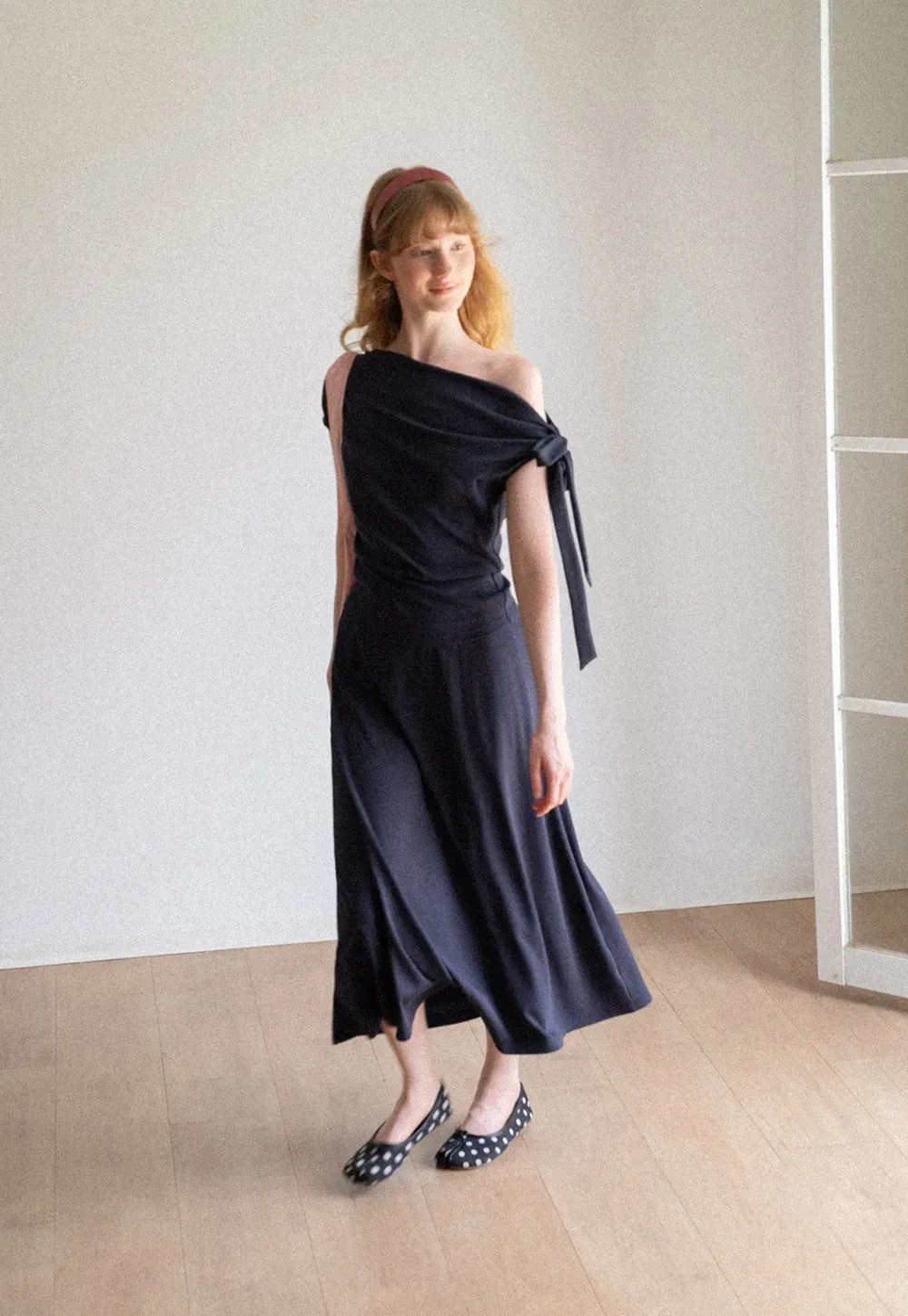 Asymmetrical One Shoulder Top and Flowing Midi Skirt