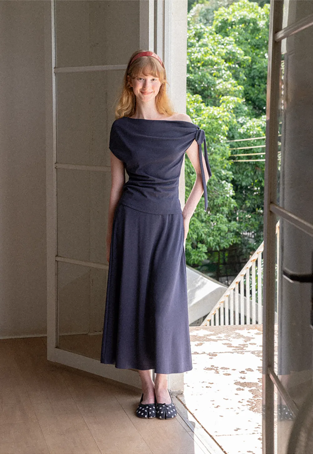 Asymmetrical One Shoulder Top and Flowing Midi Skirt