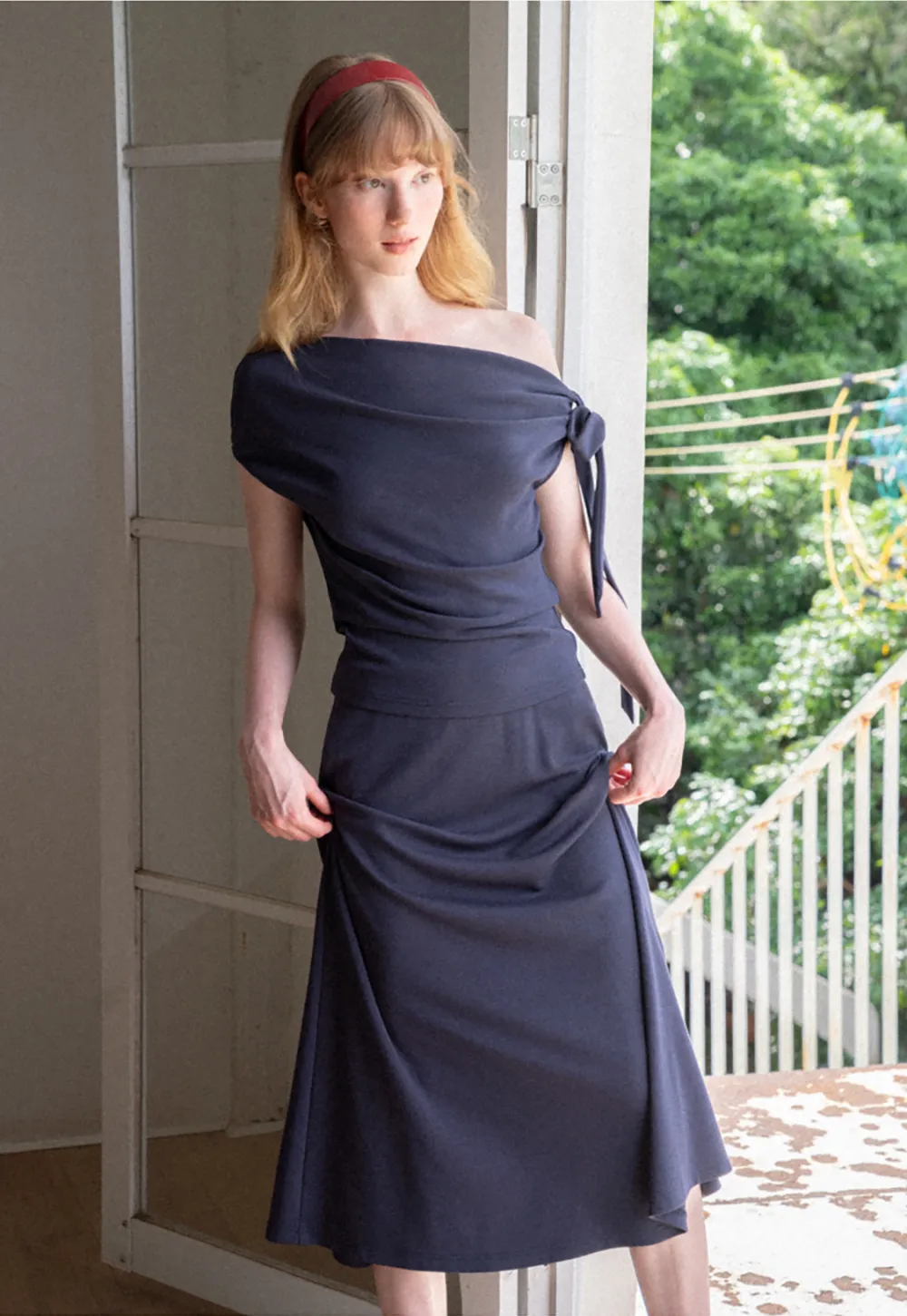 Asymmetrical One Shoulder Top and Flowing Midi Skirt