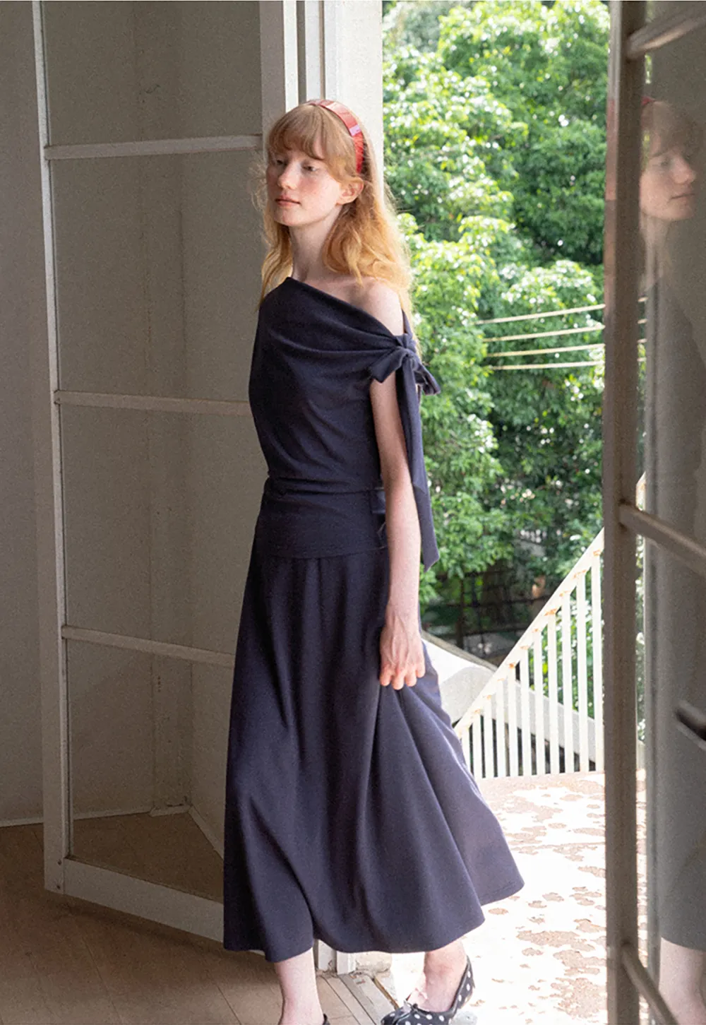 Asymmetrical One Shoulder Top and Flowing Midi Skirt