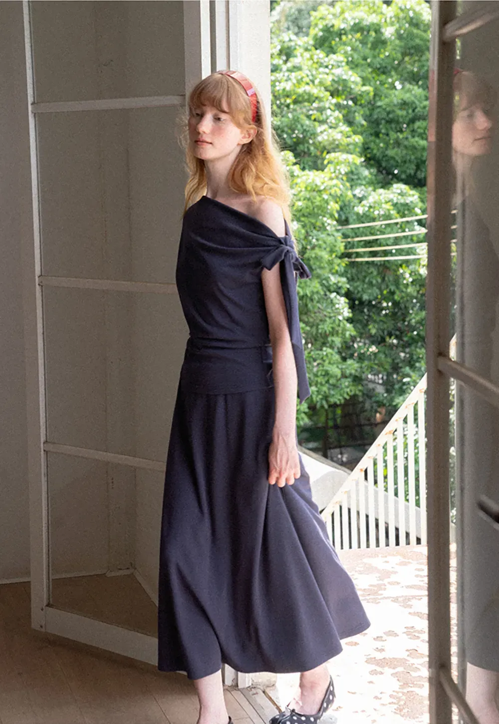 Asymmetrical One Shoulder Top and Flowing Midi Skirt