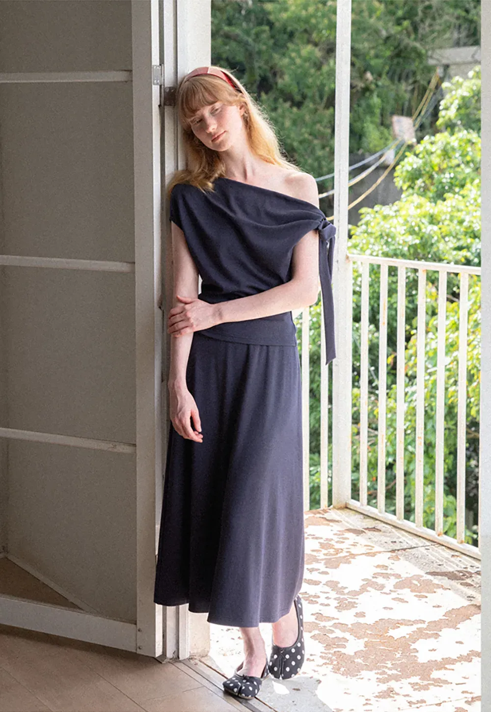 Asymmetrical One Shoulder Top and Flowing Midi Skirt