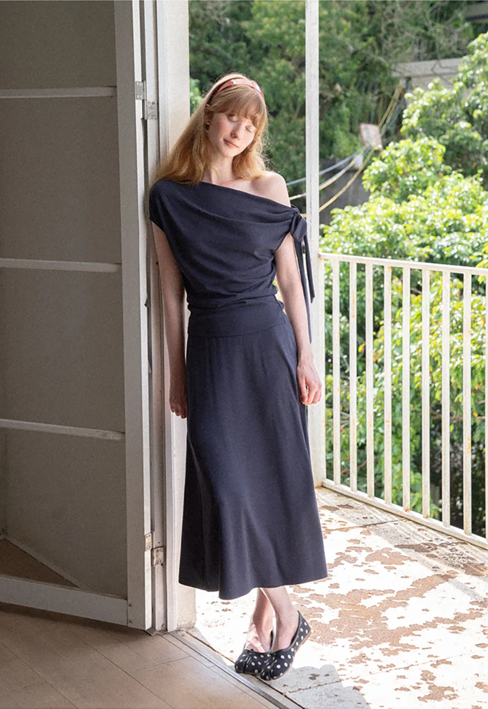 Asymmetrical One Shoulder Top and Flowing Midi Skirt